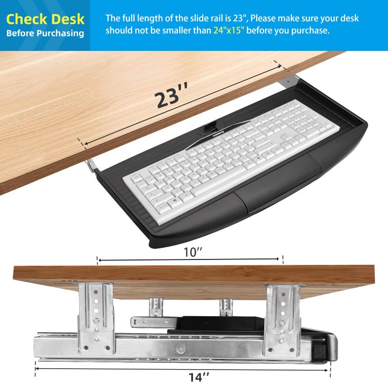 TooCust 22"Wx11"D Under Desk Keyboard Tray Slide Out, Pull Out Keyboard Tray for Desk, Keyboard Holder Under Desk,Sturdy Keyboard Shelf Under Desk, Black Keyboard Drawer Desk Extender - Image 4