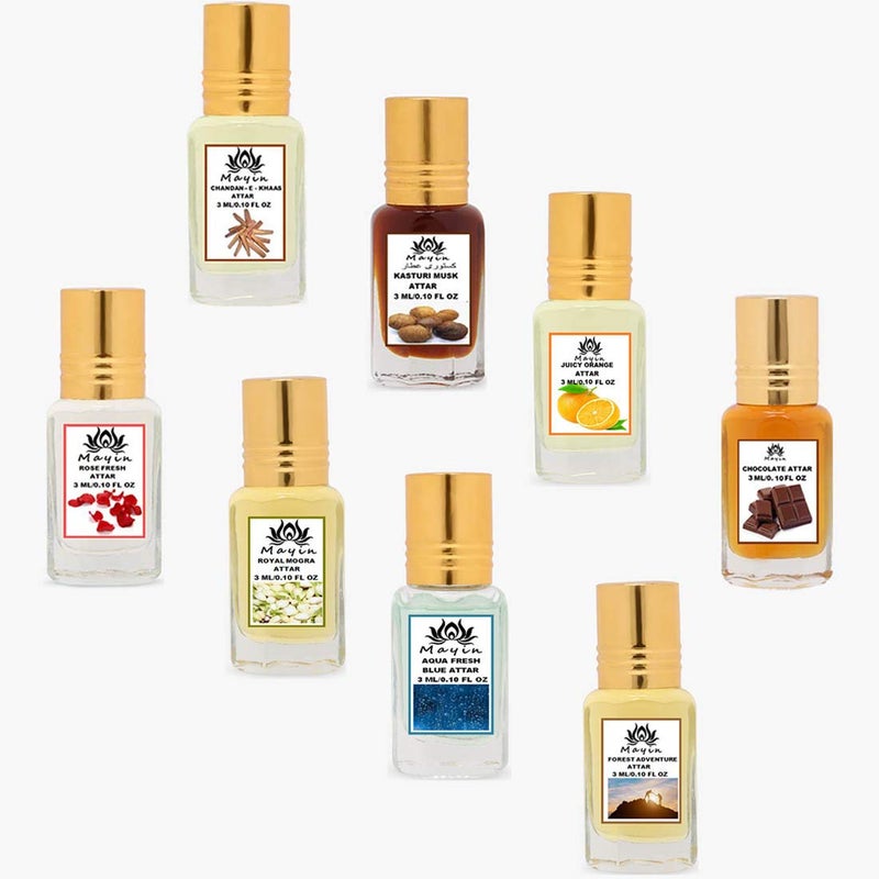 Mayin ChandanEKhass Kasturi Musk Juicy Orange Chocolate Rose Fresh Royal Mogra Aqua Fresh Blue Forest Adventure Pack Of 8 3ml Attar Combo - Image 1