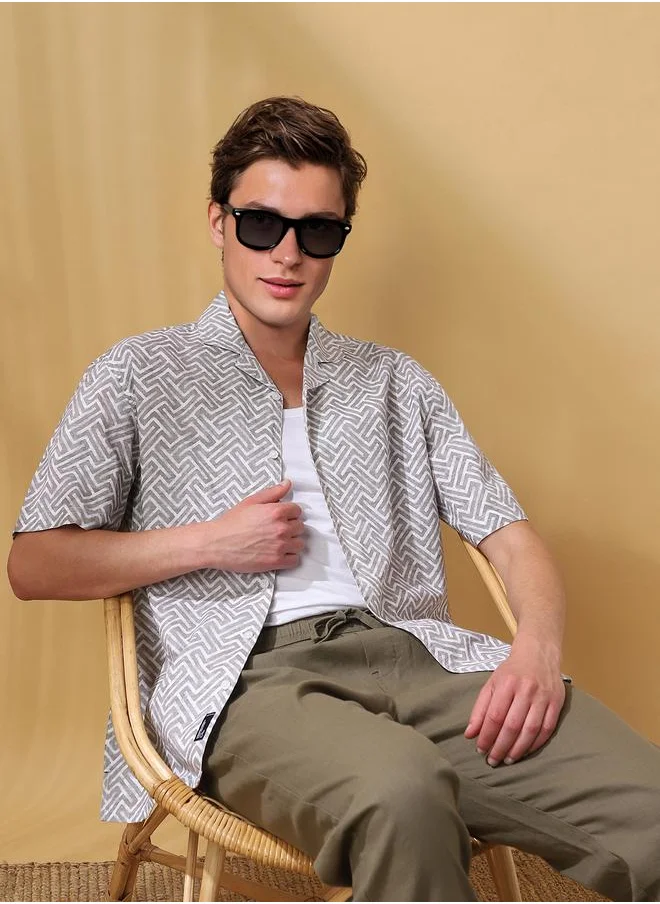 دينيس لينغو Olive 100% cotton Printed Pattern Relaxed Fit Shirts for Men with Cuban Collar Neckline Half Sleeves Regular Length Upper Body Wear Button Down Button Closure Woven Weave - Perfect for Lifestyle Occasions
