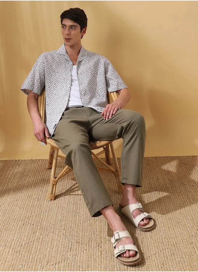 دينيس لينغو Olive 100% cotton Printed Pattern Relaxed Fit Shirts for Men with Cuban Collar Neckline Half Sleeves Regular Length Upper Body Wear Button Down Button Closure Woven Weave - Perfect for Lifestyle Occasions