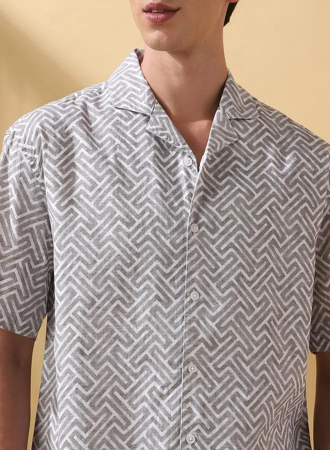 Dennis Lingo Men's Olive 100% Cotton Printed Button Down Relaxed Shirt