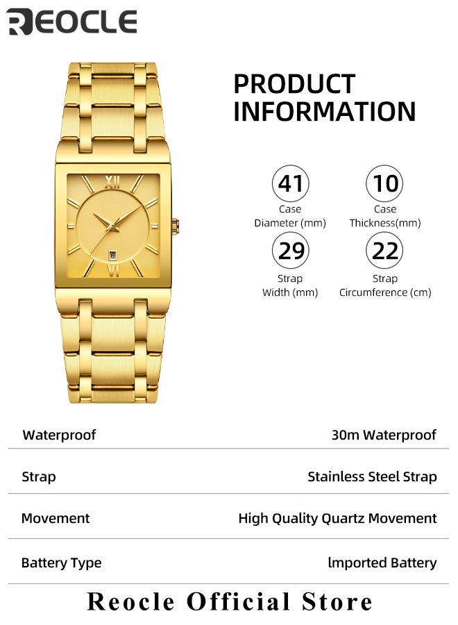 REOCLE Square Quartz Watches Stainless Steel Wristwatch with Date Waterproof Fashion Business Casual Watch for Men and Women  - Image 5