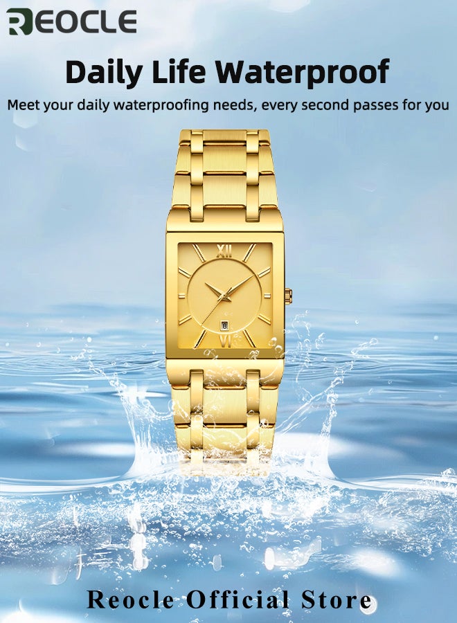 REOCLE Square Quartz Watches Stainless Steel Wristwatch with Date Waterproof Fashion Business Casual Watch for Men and Women  - Image 4