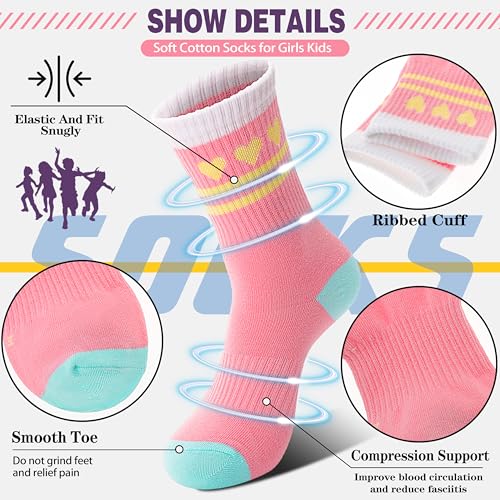 Sandsuced Kids Girls Socks Athletic Sport Basketball Youth Cotton Crew Soft White Pink Heart Gift Outdoor Socks 6 Pairs Stocking Stuffers(Candy Stripe Heart,9-15 Years) - Image 3