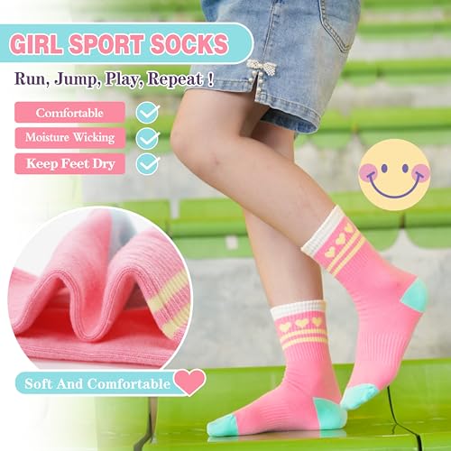 Sandsuced Kids Girls Socks Athletic Sport Basketball Youth Cotton Crew Soft White Pink Heart Gift Outdoor Socks 6 Pairs Stocking Stuffers(Candy Stripe Heart,9-15 Years) - Image 5