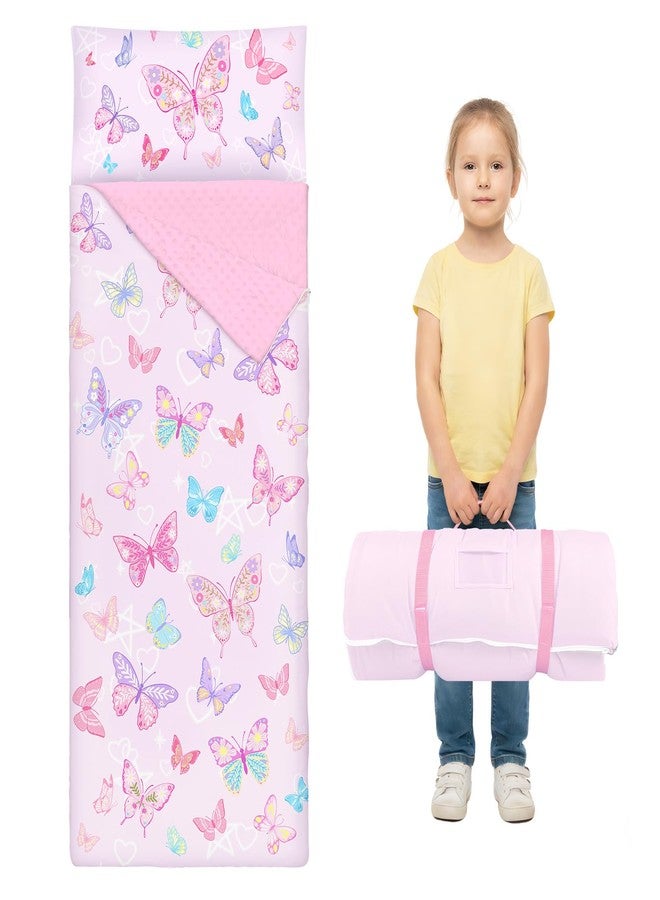 alldomess Toddler Nap Mat Sleeping Bag with Removable Pillow, 59" x 24" Kids Roll Up Portable Slumber Mat for Daycare, Kindergarten, Camping – Lightweight, Soft & Easy to Clean for Girls and Boys, Butterfly - Image 1
