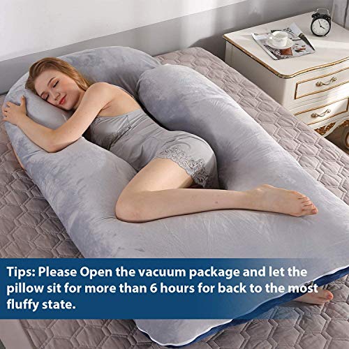 Elover U-Shaped Full Body Pregnancy Pillow for Sleeping – 57" Maternity Pillow with Removable Cover, Support for Back, Legs, Belly & Hips (Velvet-Blue and Grey) - Image 4