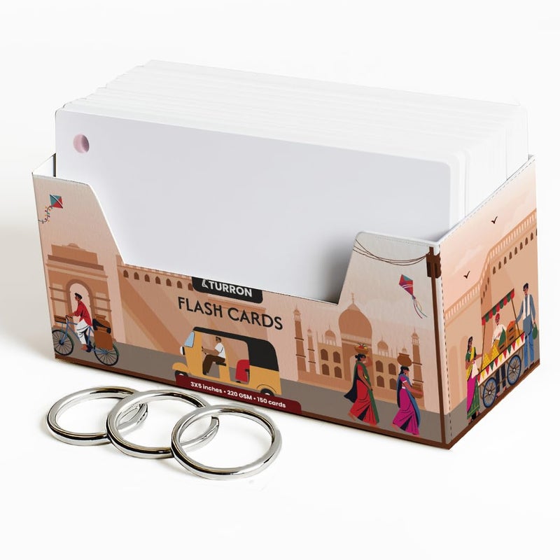 Turron Index Flash Cards Tray - 220 GSM, 150 Cards, 3x5 inch, Blank White - with Free Binder Rings for Short Notes, Revision, Cheat Sheets, Exams & Interview Preparation (3x5 Plain) - Image 1