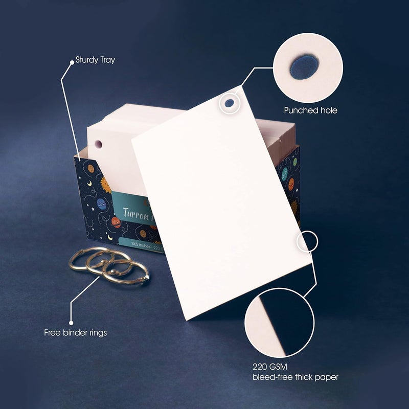 Turron Index Flash Cards Tray - 220 GSM, 150 Cards, 3x5 inch, Blank White - with Free Binder Rings for Short Notes, Revision, Cheat Sheets, Exams & Interview Preparation (3x5 Plain) - Image 3