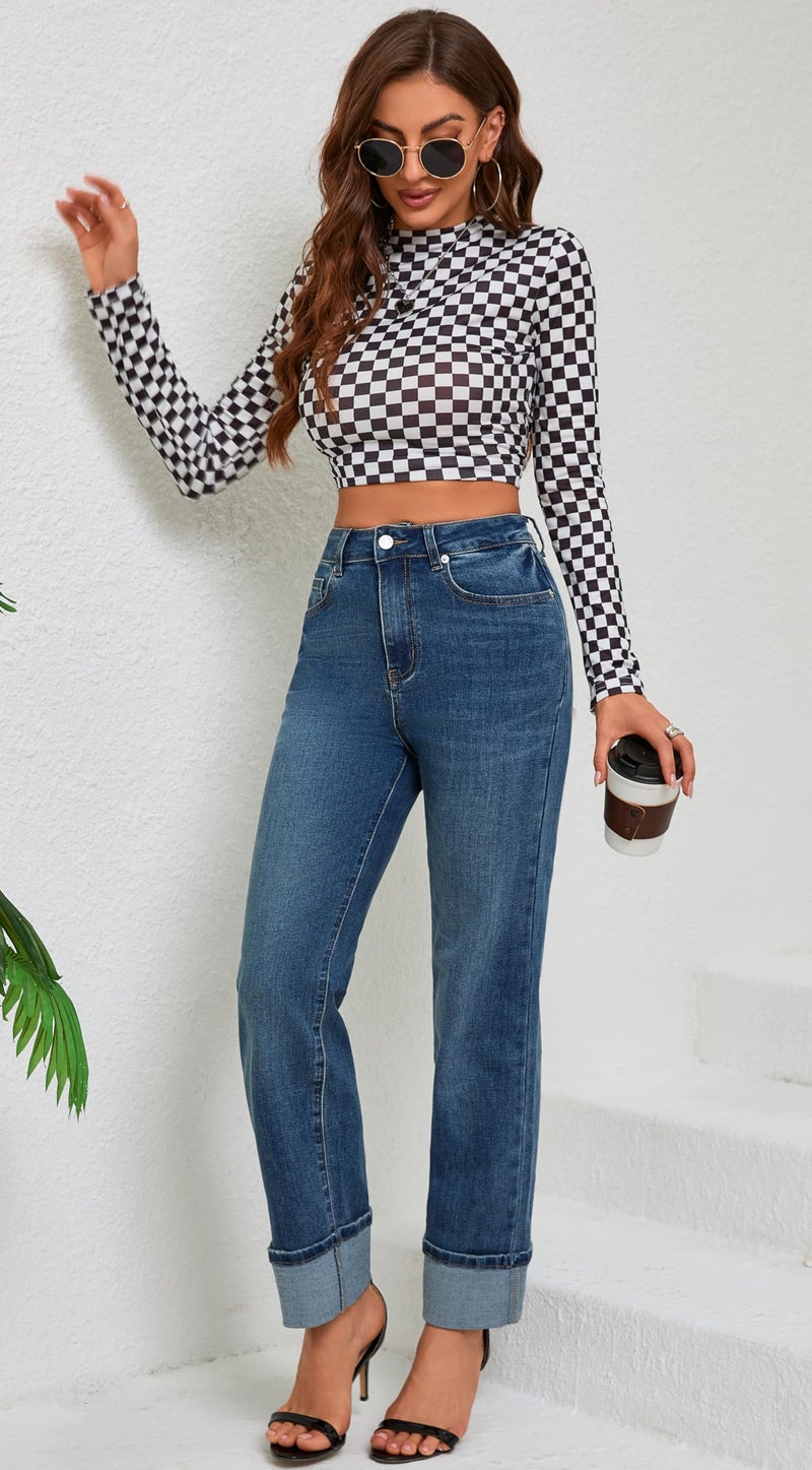 ETTELO Women's High Waisted Stretchy Straight Leg Pants Tummy Control, Trendy Cute Ankle Fold Hem Jeans Navy Blue - Image 5