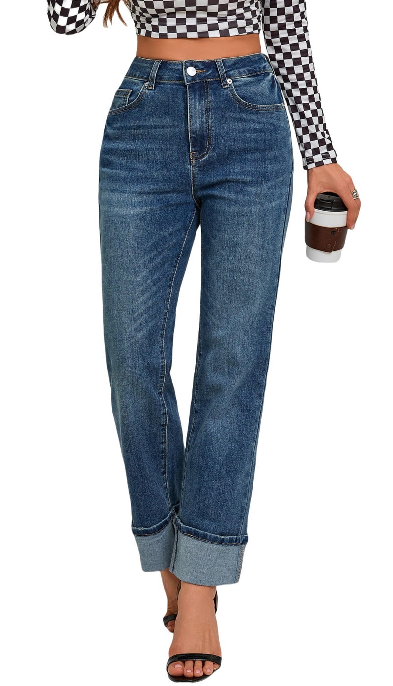 ETTELO Women's High Waisted Stretchy Straight Leg Pants Tummy Control, Trendy Cute Ankle Fold Hem Jeans Navy Blue - Image 1
