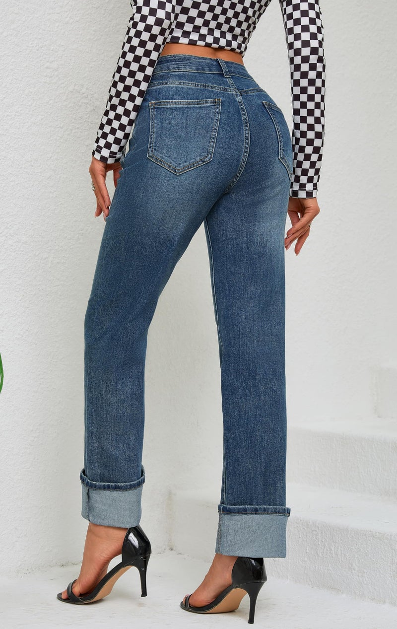 ETTELO Women's High Waisted Stretchy Straight Leg Pants Tummy Control, Trendy Cute Ankle Fold Hem Jeans Navy Blue - Image 2