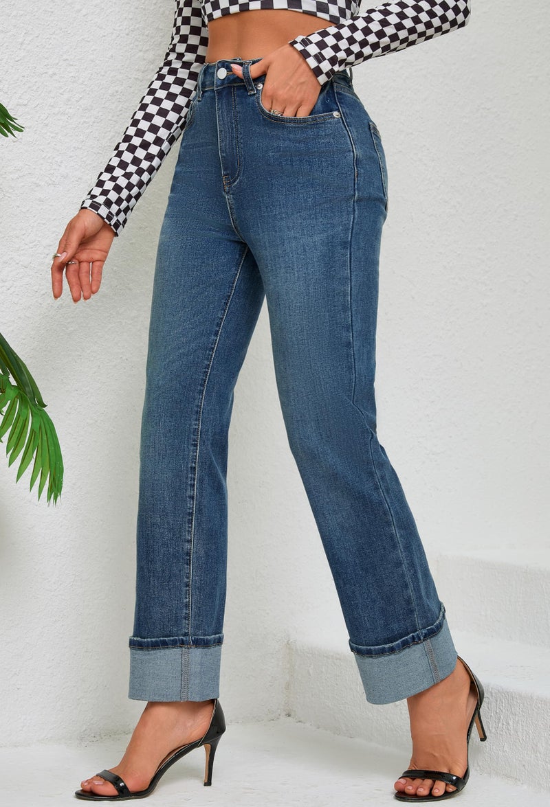 ETTELO Women's High Waisted Stretchy Straight Leg Pants Tummy Control, Trendy Cute Ankle Fold Hem Jeans Navy Blue - Image 3