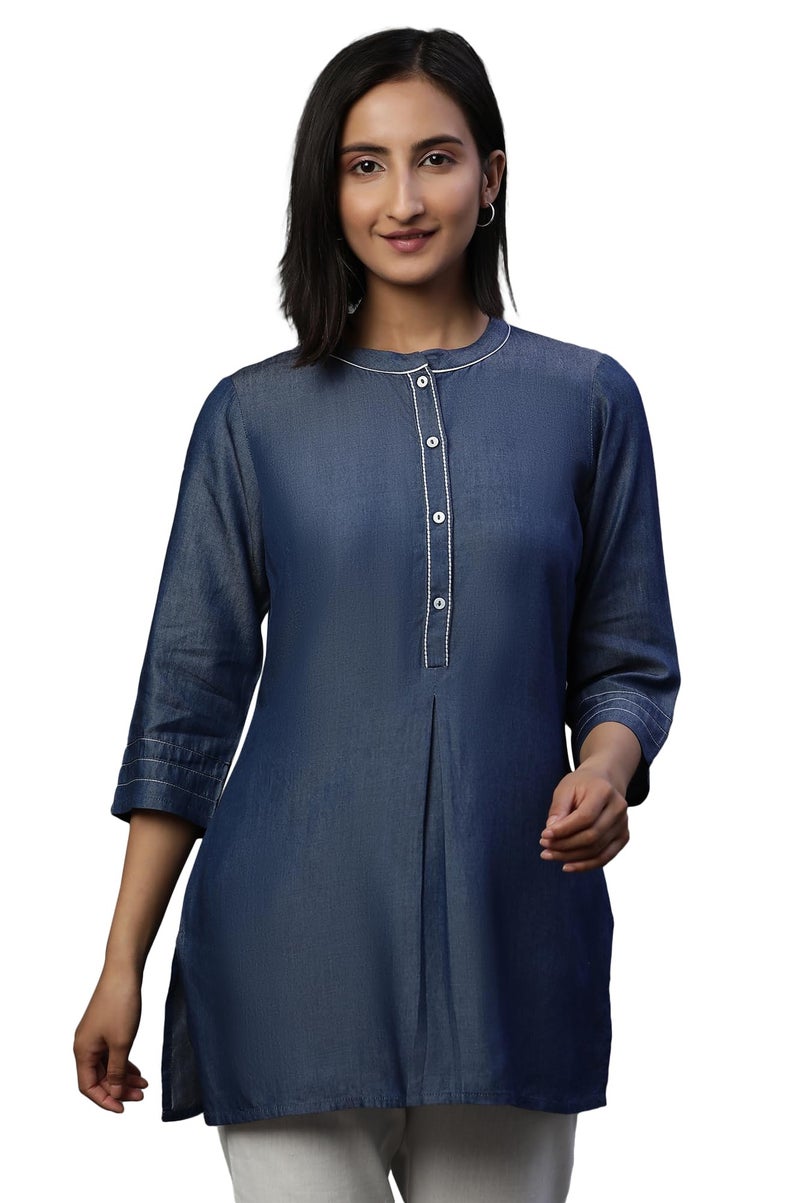 Aurelia Women's Cotton Solid Regular Kurti (23AUA30308_Blue - Image 1