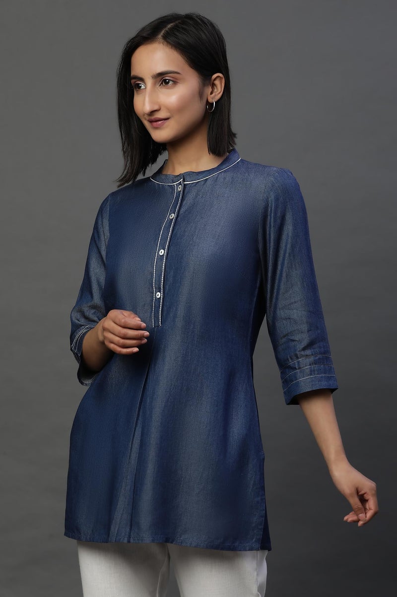 Aurelia Women's Cotton Solid Regular Kurti (23AUA30308_Blue - Image 2