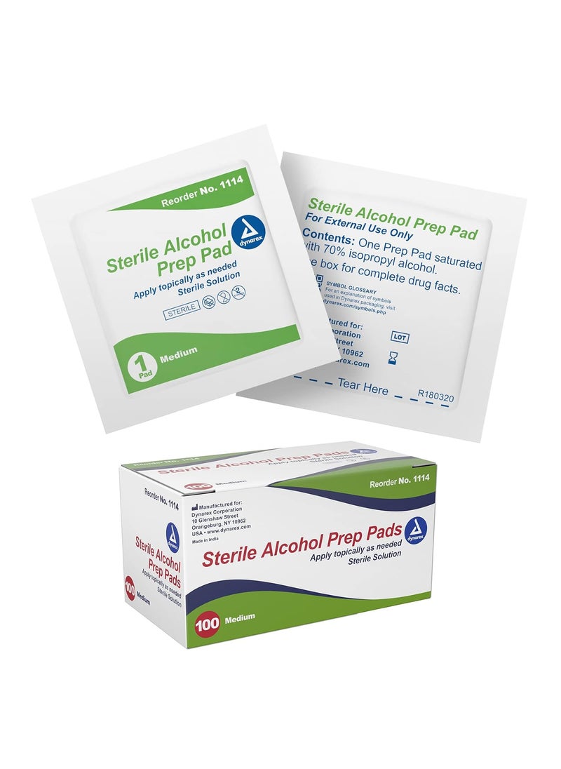 Dynarex Alcohol Prep Pad Sterile Medium 1 Box of 100 Pads 
