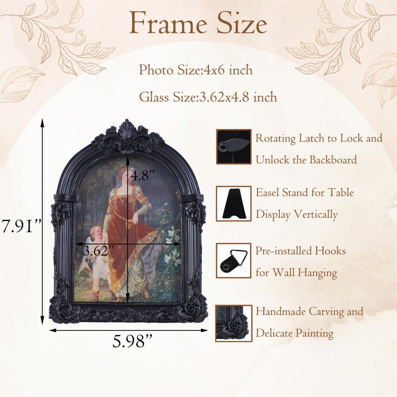 LIHOLO Black Antique Picture Frames 4x6 Ornate Arched Vintage Picture Frames with Glass Front for Wall Hanging and Tabletop Photo Gallery Wall Decor Vintage Home Decor - Image 2