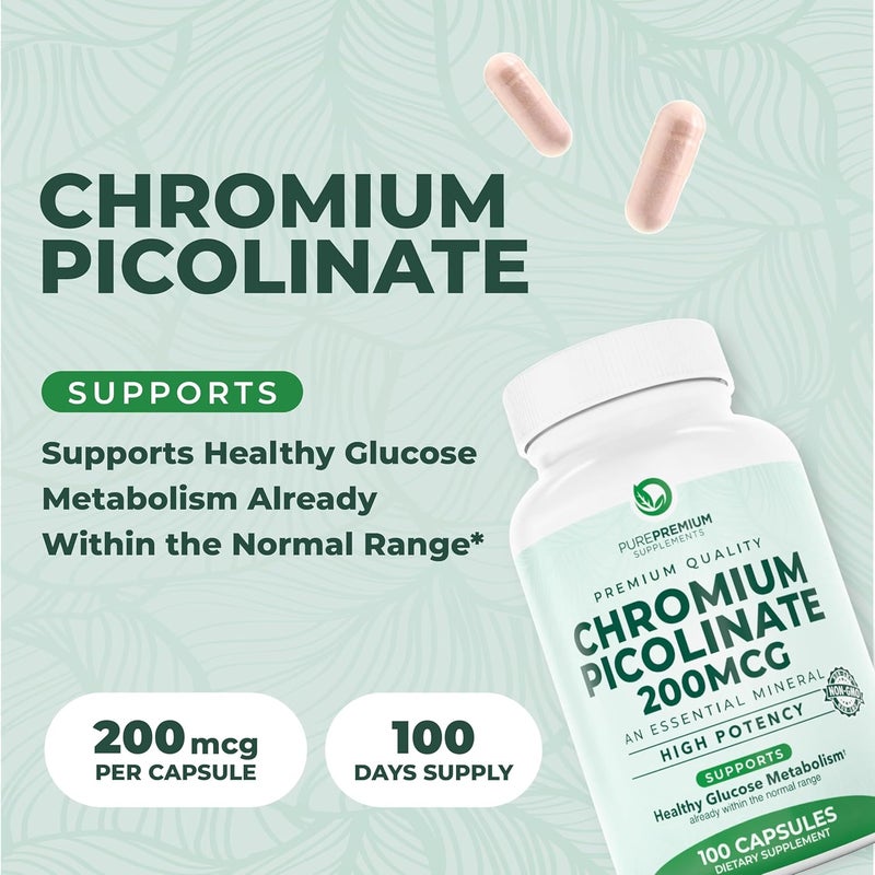 PUREPREMIUM SUPPLEMENTS مكملات الكروم بيكولينات من بيور بريموم 200 ميكروغرام  مكملات الكروم عالية الفعالية  دعم صحي للمعادن الأساسية للرجال والنساء  خالي من الجلوتين  إمداد لمدة 3 أشهر  100 كبسولة - Image 2