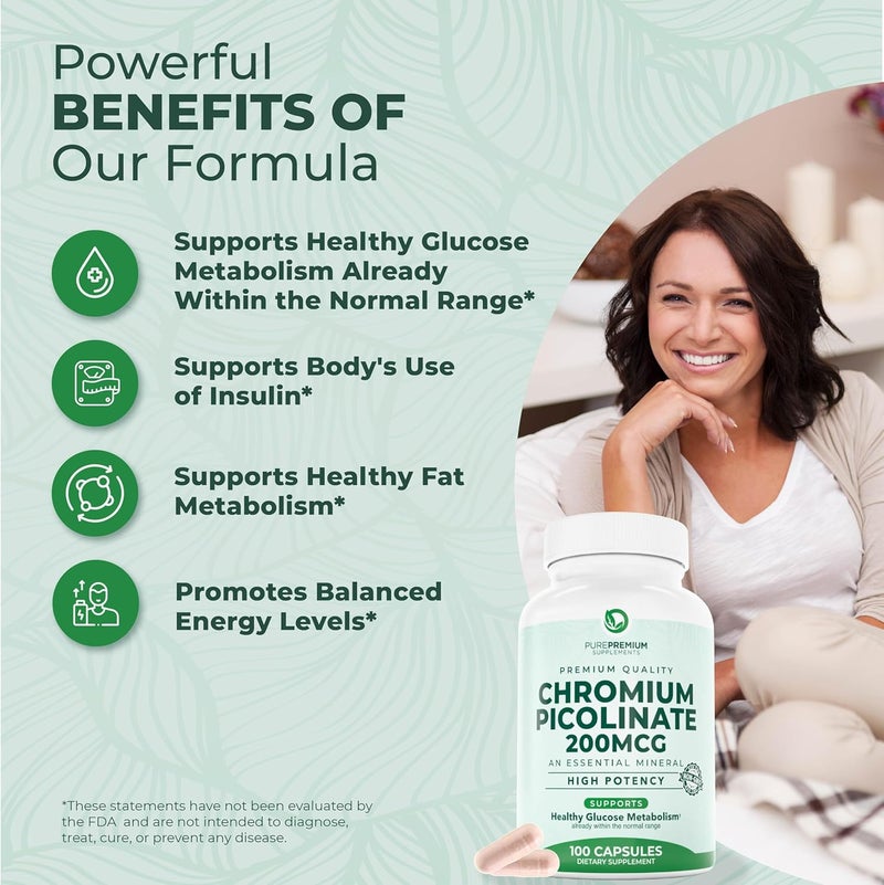 PUREPREMIUM SUPPLEMENTS مكملات الكروم بيكولينات من بيور بريموم 200 ميكروغرام  مكملات الكروم عالية الفعالية  دعم صحي للمعادن الأساسية للرجال والنساء  خالي من الجلوتين  إمداد لمدة 3 أشهر  100 كبسولة - Image 3