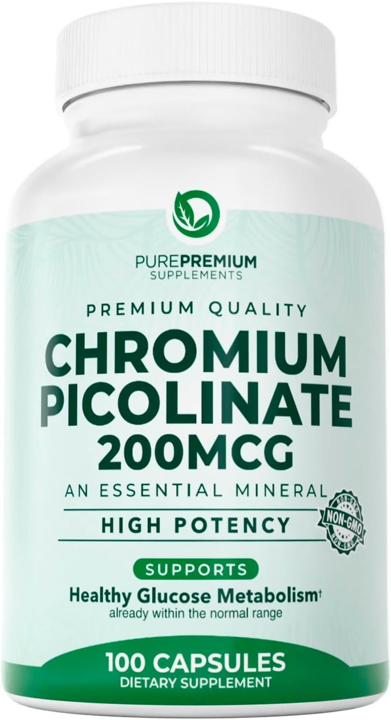 PUREPREMIUM SUPPLEMENTS مكملات الكروم بيكولينات من بيور بريموم 200 ميكروغرام  مكملات الكروم عالية الفعالية  دعم صحي للمعادن الأساسية للرجال والنساء  خالي من الجلوتين  إمداد لمدة 3 أشهر  100 كبسولة - Image 1