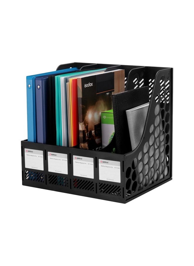 COMIX - Magazine File Holder Rack/Vertical Desktop File Organizer - Plastic Desk Organizer For Files, Folders, Books - 4 Compartment Binder Organizer - Black - Image 1