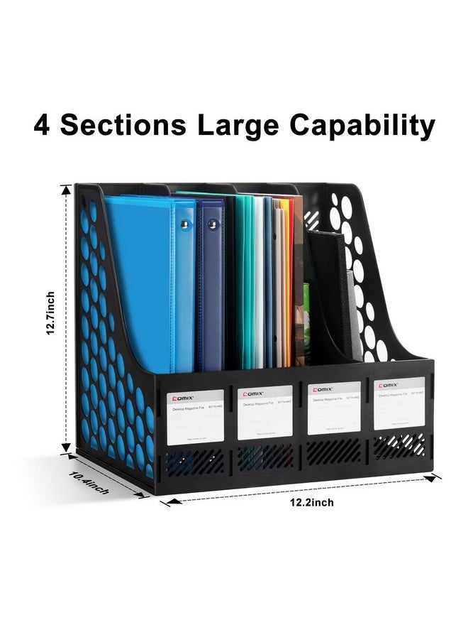 COMIX - Magazine File Holder Rack/Vertical Desktop File Organizer - Plastic Desk Organizer For Files, Folders, Books - 4 Compartment Binder Organizer - Black - Image 1