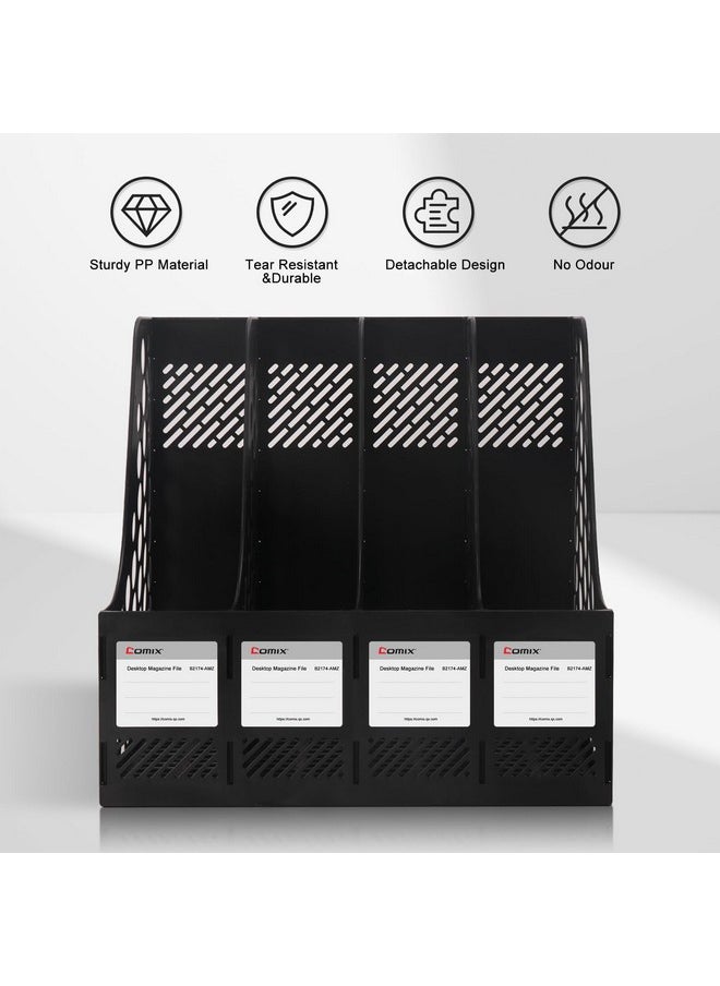 COMIX - Magazine File Holder Rack/Vertical Desktop File Organizer - Plastic Desk Organizer For Files, Folders, Books - 4 Compartment Binder Organizer - Black - Image 1