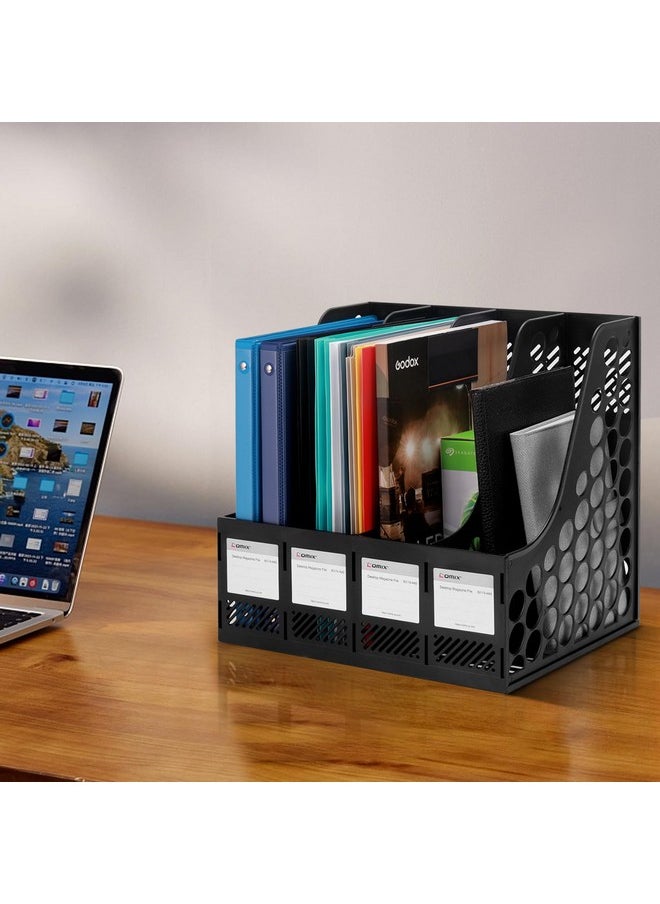COMIX - Magazine File Holder Rack/Vertical Desktop File Organizer - Plastic Desk Organizer For Files, Folders, Books - 4 Compartment Binder Organizer - Black - Image 1