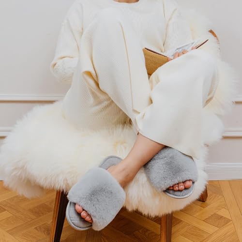 LongBay Women's Open Toe Slippers Fuzzy Fluffy Memory Foam Comfy Slip On Indoor Bedroom Home Slide (Small / 5-6, Gray) - Image 2