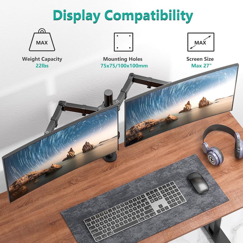 والي حامل مكتبي مزدوج قابل للتعديل بالكامل من WALI لشاشات LCD، يناسب شاشتين حتى 27 بوصة، سعة تحمل 22 رطلاً لكل ذراع (M002)، أسود - Image 2