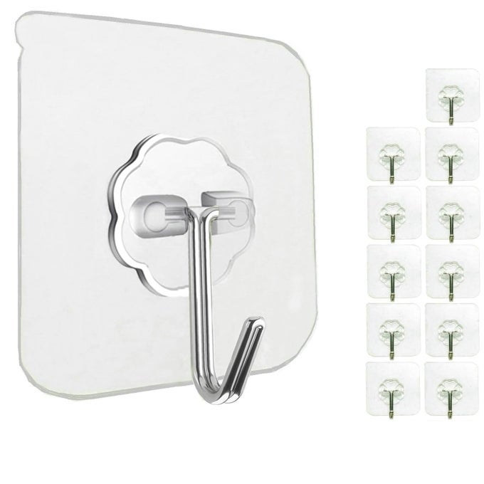 12 PACK HEAVY DUTY SELF ADHESIVE HOOKS 33LB MAX TRANSPARENT WATERPROOF STICKY WALL HOOKS FOR KEYS BATHROOM SHOWER OUTDOOR KITCHEN DOOR HOME IMPROVEMENT UTILITY