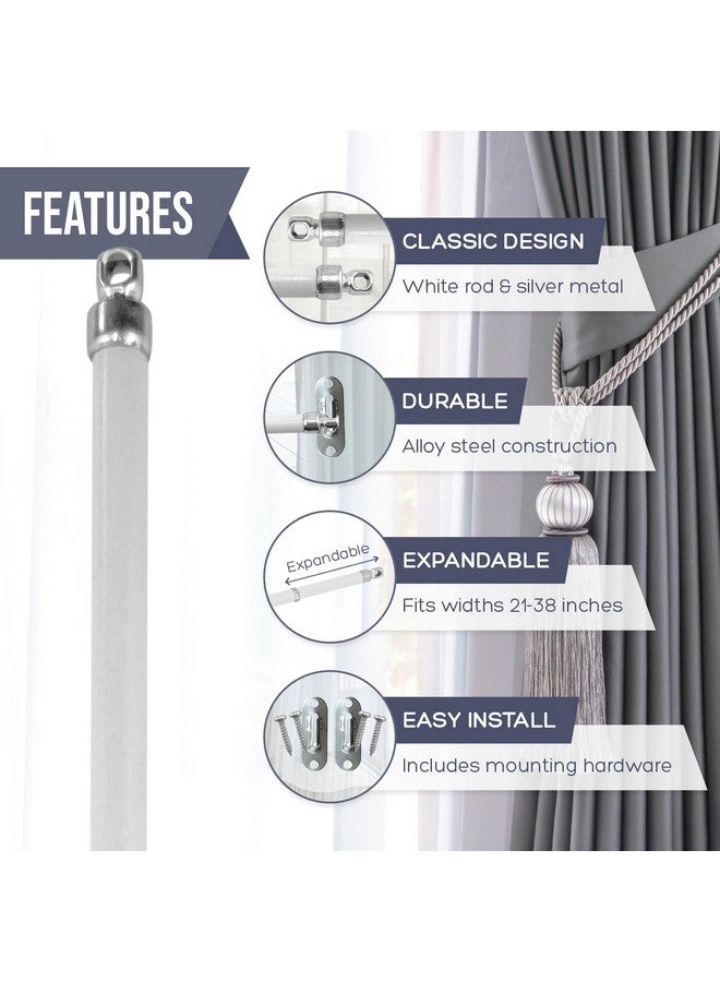 اميزينغ درايبر هاردوير قضبان ستائر دوارة بيضاء من Amazing Drapery Hardware بأطراف فضية، مجموعة من 4 قطع (تتضمن أدوات) - طول قابل للتعديل من 21 إلى 38 بوصة، قضبان معدنية سهلة التركيب للأبواب والنوافذ والأضواء الجانبية  - Image 2