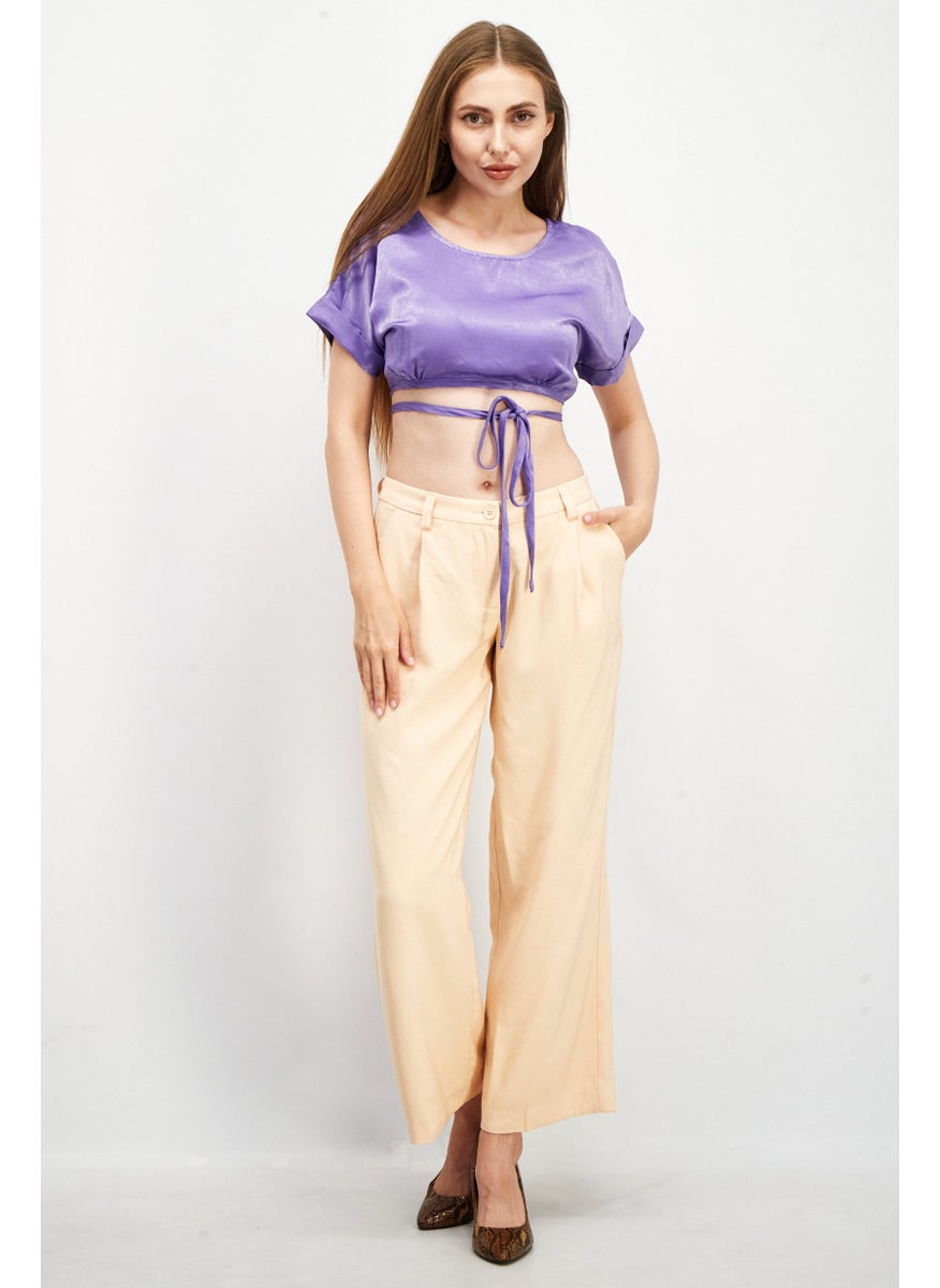 House Brand - Women Round Neck Short Sleeves Plain Blouse, Purple - Image 1