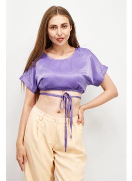 Women Round Neck Short Sleeves Plain Blouse, Purple
