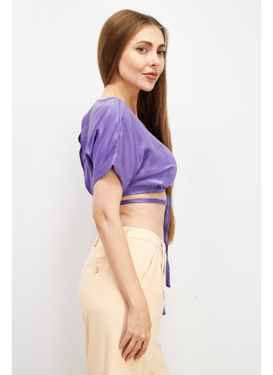 House Brand - Women Round Neck Short Sleeves Plain Blouse, Purple - Image 1