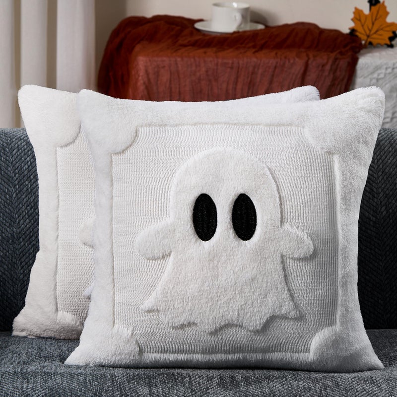 DFXSZ Halloween Pillow Covers 18x18 inch Set of 2 Black Eyes White Ghost Throw Pillow Cases Soft Plush Faux Fur Wool Couch Cushion Case for Chair Sofa Bedroom Living Room Home Decor PTK058A18 - Image 2