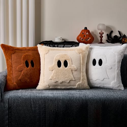 DFXSZ Halloween Pillow Covers 18x18 inch Set of 2 Black Eyes White Ghost Throw Pillow Cases Soft Plush Faux Fur Wool Couch Cushion Case for Chair Sofa Bedroom Living Room Home Decor PTK058A18 - Image 3