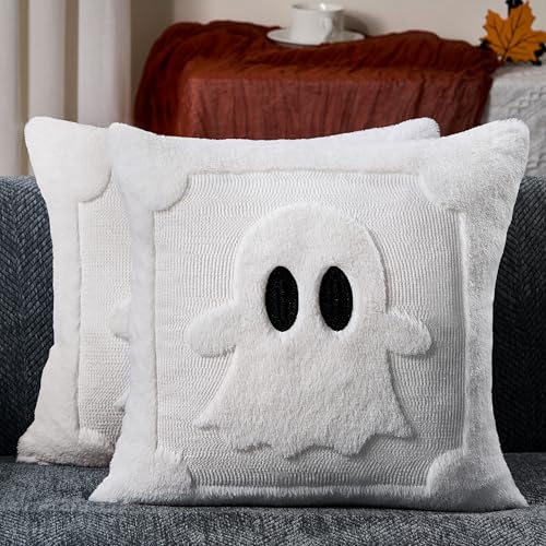 DFXSZ Halloween Pillow Covers 18x18 inch Set of 2 Black Eyes White Ghost Throw Pillow Cases Soft Plush Faux Fur Wool Couch Cushion Case for Chair Sofa Bedroom Living Room Home Decor PTK058A18 - Image 1