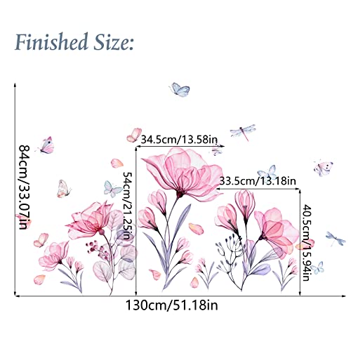 Prabahdak Pink Flowers Wall Decals Removable Butterflies Floral Flowerl Wall Stickers DIY Vinyl Self Adhesive Wall Mural for Nursery TV Background Kids Gilrs Rooms Bedroom Decoration - Image 5
