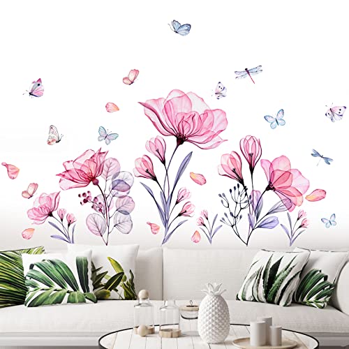 Prabahdak Pink Flowers Wall Decals Removable Butterflies Floral Flowerl Wall Stickers DIY Vinyl Self Adhesive Wall Mural for Nursery TV Background Kids Gilrs Rooms Bedroom Decoration - Image 2