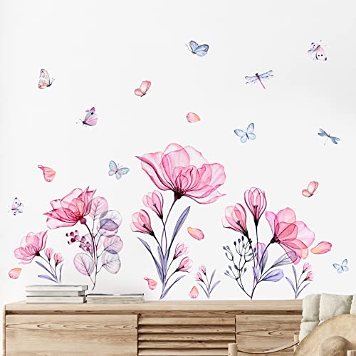 Prabahdak Pink Flowers Wall Decals Removable Butterflies Floral Flowerl Wall Stickers DIY Vinyl Self Adhesive Wall Mural for Nursery TV Background Kids Gilrs Rooms Bedroom Decoration - Image 4