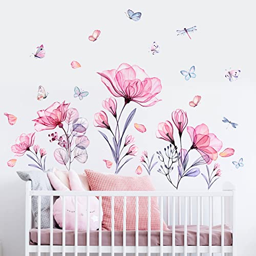 Prabahdak Pink Flowers Wall Decals Removable Butterflies Floral Flowerl Wall Stickers DIY Vinyl Self Adhesive Wall Mural for Nursery TV Background Kids Gilrs Rooms Bedroom Decoration - Image 1