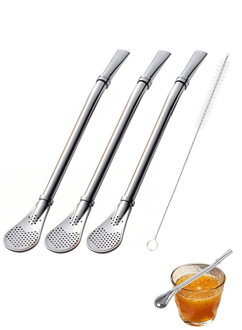 Bombilla Yerba Mate Straws, 3 Pack Reusable Colorful Tea Coffee Cocktail Stainless Steel Bent Smooth Flow Drinking Stir Filter Spoon Straws with Cleaning Brush (silver) - Image 1