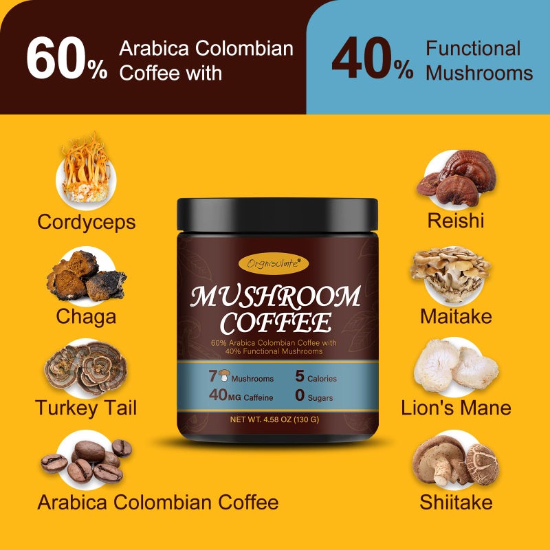 Orgnisulmte Premium Mushroom Coffee 4.58 Oz, Fresh Ground Colombian Instant Coffee with 7 Superfood Mushrooms Better Taste, Natural Ingredients Gluten Free, Vegan, Keto, Non-Gmo 130g - Image 3