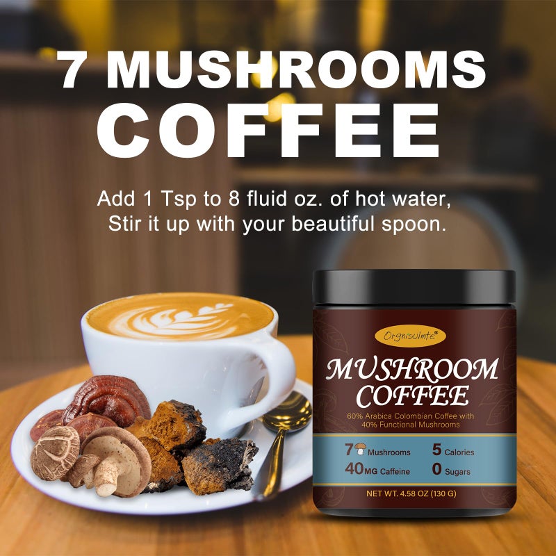 Orgnisulmte Premium Mushroom Coffee 4.58 Oz, Fresh Ground Colombian Instant Coffee with 7 Superfood Mushrooms Better Taste, Natural Ingredients Gluten Free, Vegan, Keto, Non-Gmo 130g - Image 5