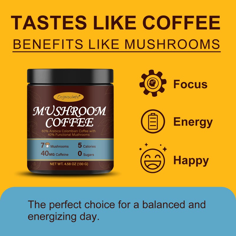 Orgnisulmte Premium Mushroom Coffee 4.58 Oz, Fresh Ground Colombian Instant Coffee with 7 Superfood Mushrooms Better Taste, Natural Ingredients Gluten Free, Vegan, Keto, Non-Gmo 130g - Image 2