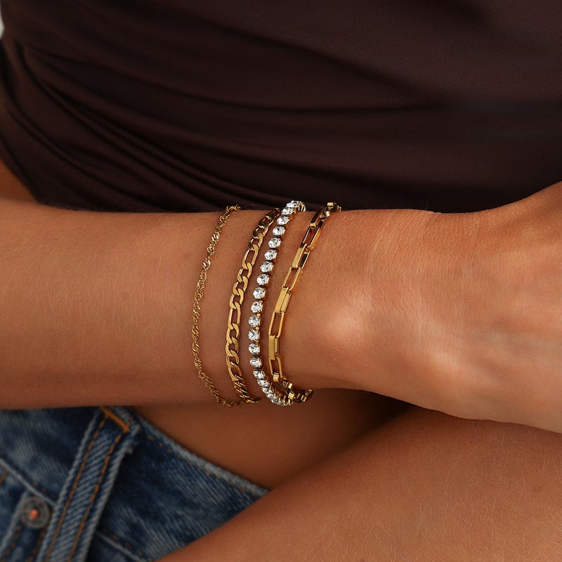 and Ins Style Sparkling Diamond Fine Chain Bracelet Set, Versatile Stainless Steel Cross Chain Sweet Cool Stackable Hand Jewelry - Image 2