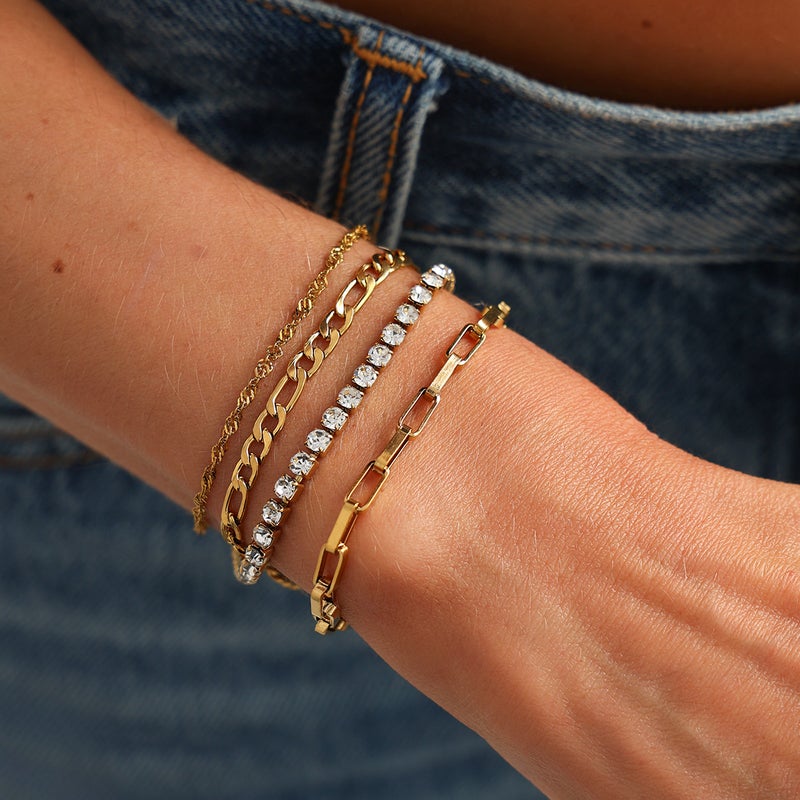 and Ins Style Sparkling Diamond Fine Chain Bracelet Set, Versatile Stainless Steel Cross Chain Sweet Cool Stackable Hand Jewelry - Image 3