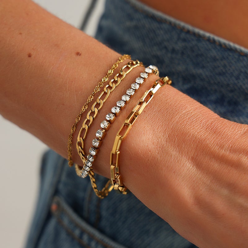 and Ins Style Sparkling Diamond Fine Chain Bracelet Set, Versatile Stainless Steel Cross Chain Sweet Cool Stackable Hand Jewelry - Image 1