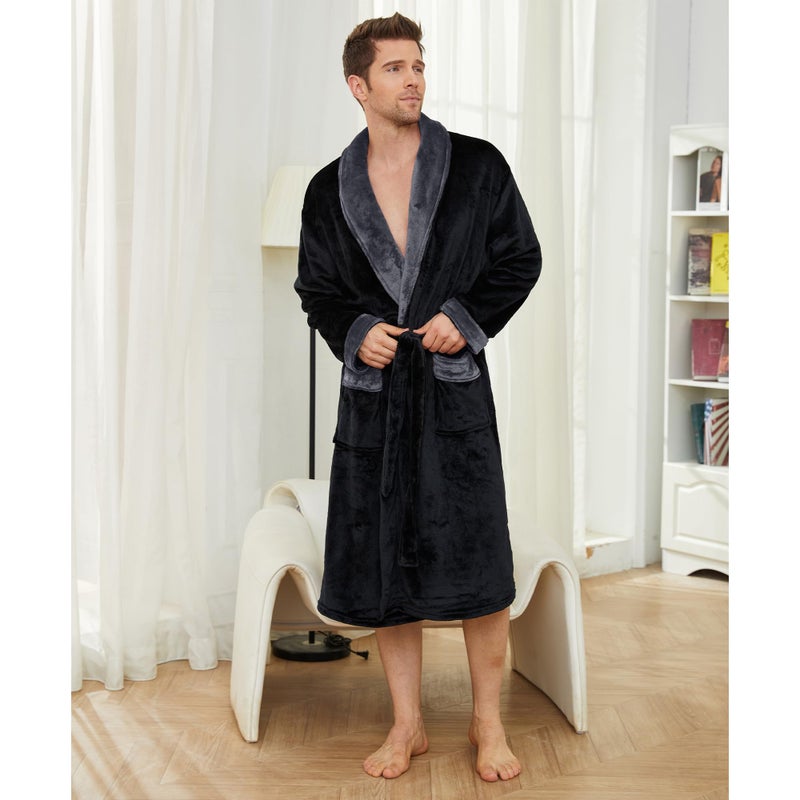 U2SKIIN Mens Fleece Robe Plush Collar Shawl Bathrobe(Black/Dark Grey,L/XL) - Image 2